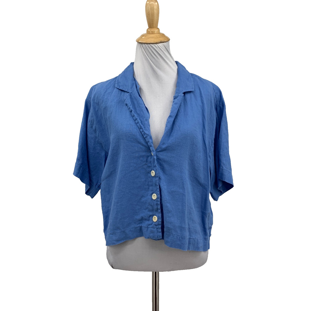 Madewell Shirt Women L Large Copen Linen Resort Notched Collar Button Up Boxy